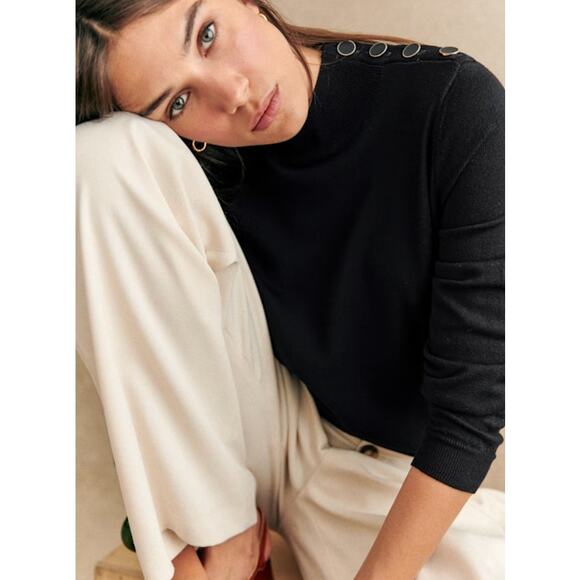 Sezane High Neck Shoulder Button Tab Jacob Jumper Sweater Black Women's Size XXL - Picture 1 of 13